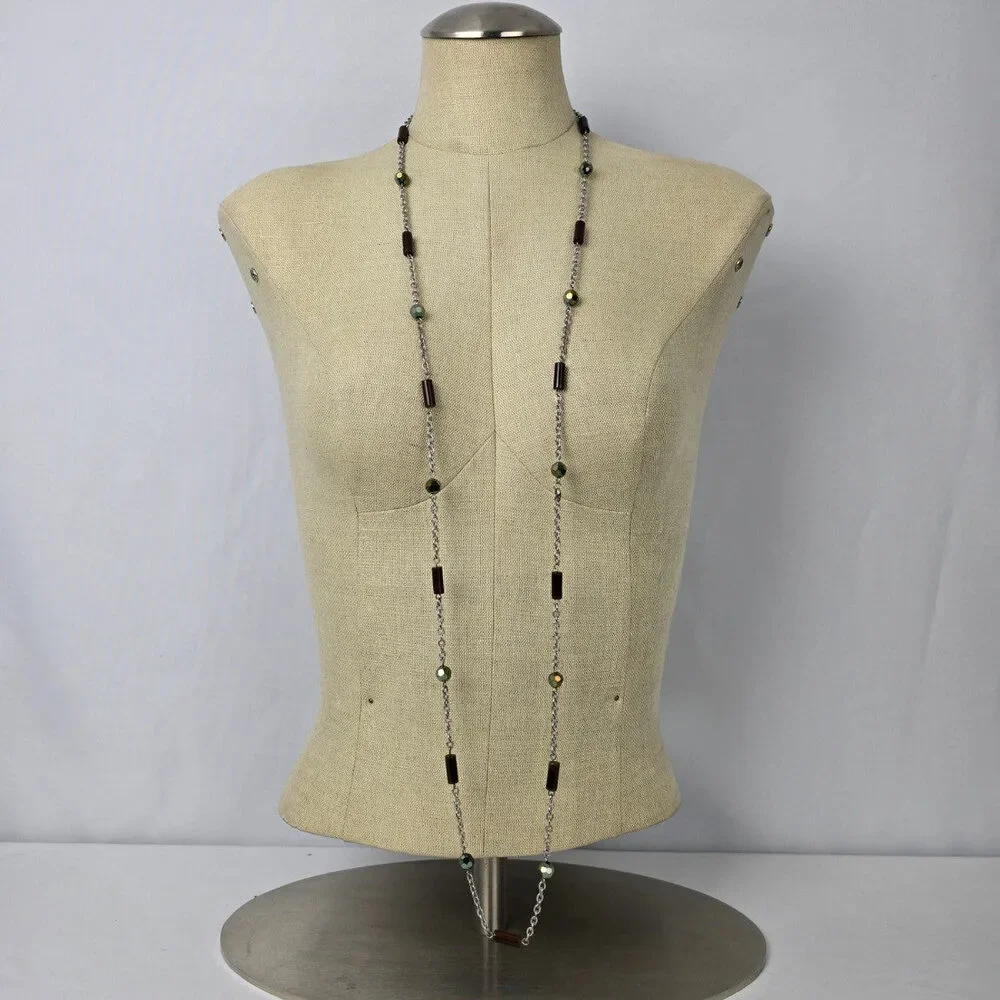 Natural Stone Beaded Chain Link Long Necklace - Picture 2 of 6